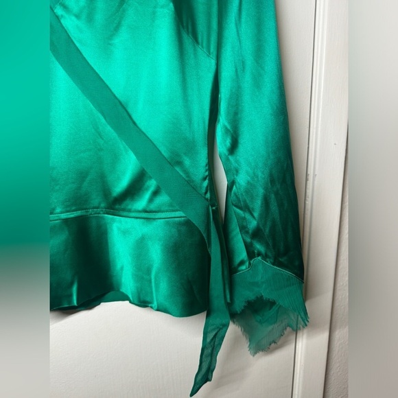 NWT BCBGMaxAzria Silk Blend Kelly Green Long Sleeve Surplice Faux Wrap Blouse XS - Picture 8 of 15